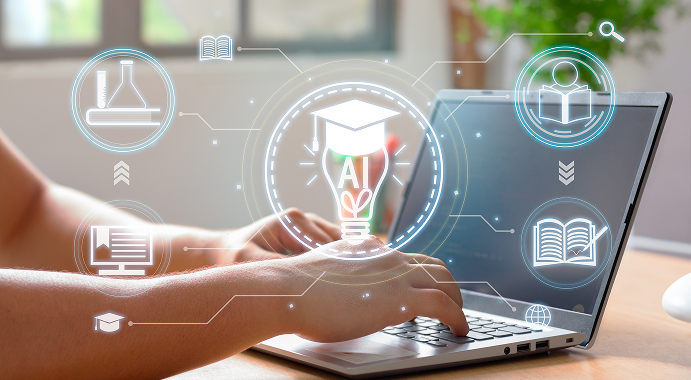 Laptop on desk with AI icons overlay illustrating AI in higher education and global research
